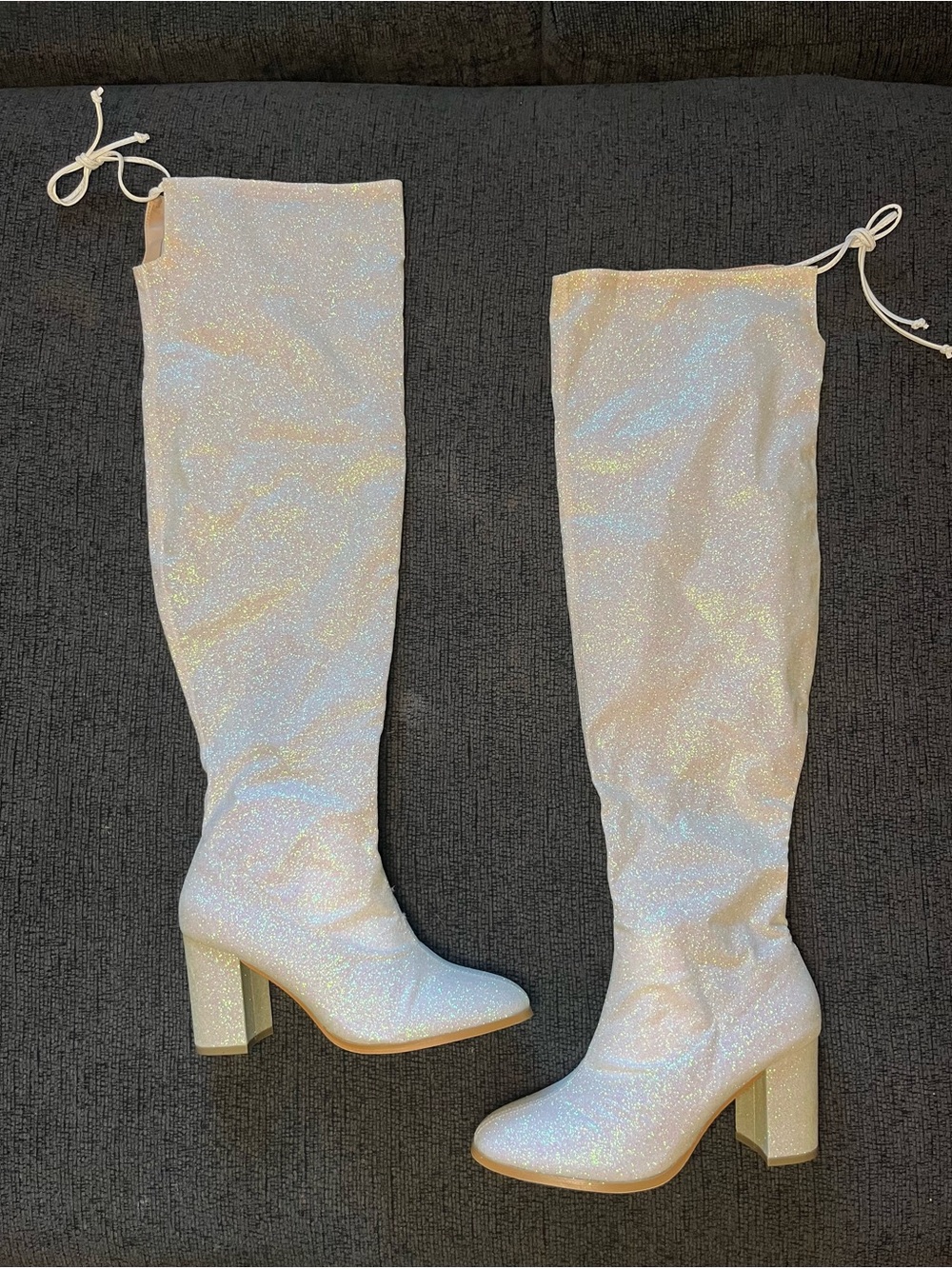 Allegra K White Glitter Women’s 9  Over-the-Knee Chunky Heel Boots